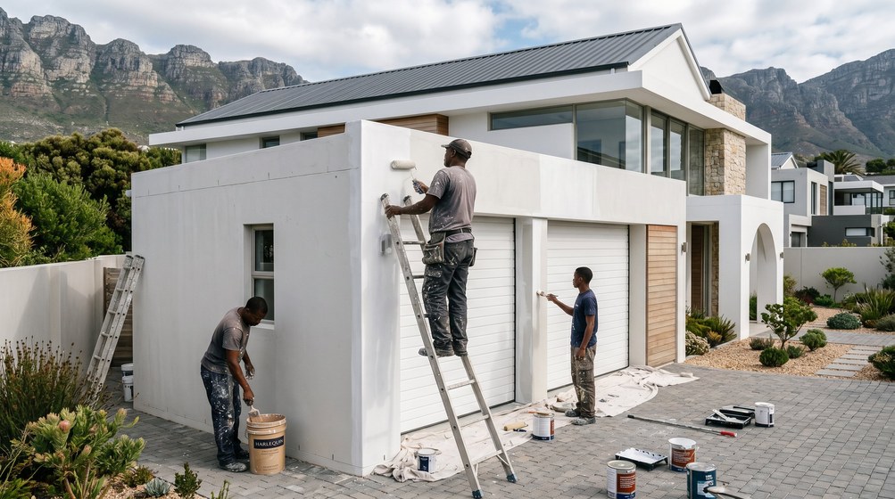 Professional painters painting a double garage exterior and garage doors in Kirstenhof