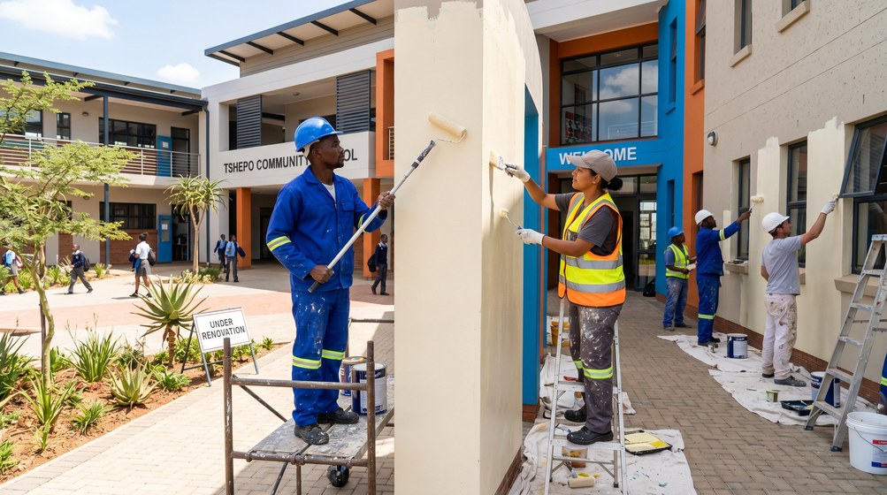 Professional school painting team painting a community school in Kirstenhof